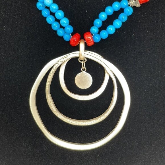 Beaded Necklace Pendant 3 Rings Blue Red Gold 10 Inches - Picture 3 of 8